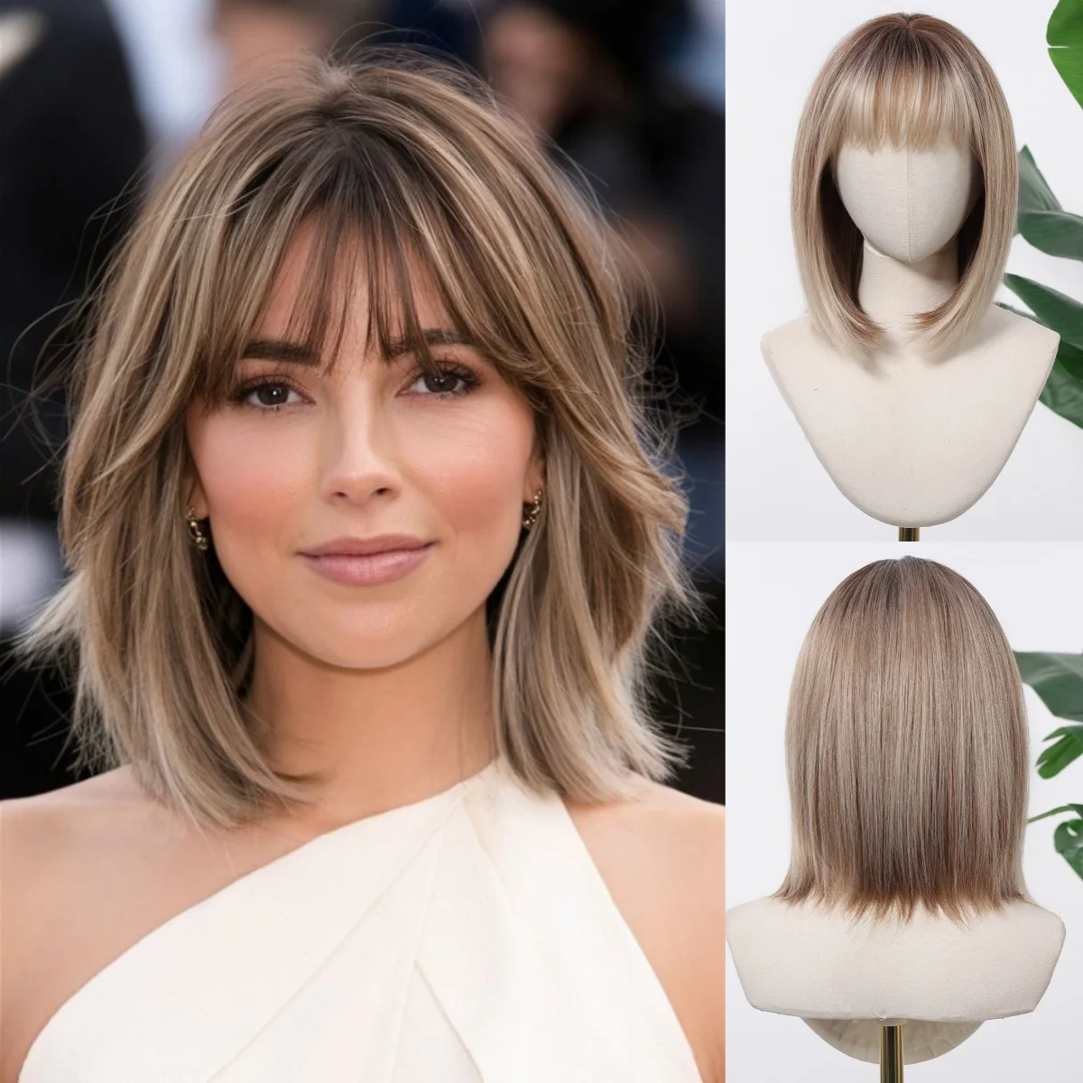 Brown to Chestnut Ombre Wigs Shoulder Length Straight Bob wig with Pre-Cut Blunt Bangs Natural Look Synthetic Wig Heat Resistant