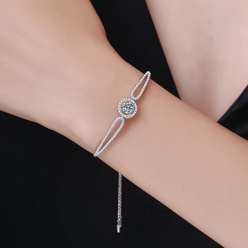 LioraGem Round-Set Diamond Adjustable Bracelet for Women, Fashionable 1-Carat Moissanite Bracelet Platinum PT950 Stamp