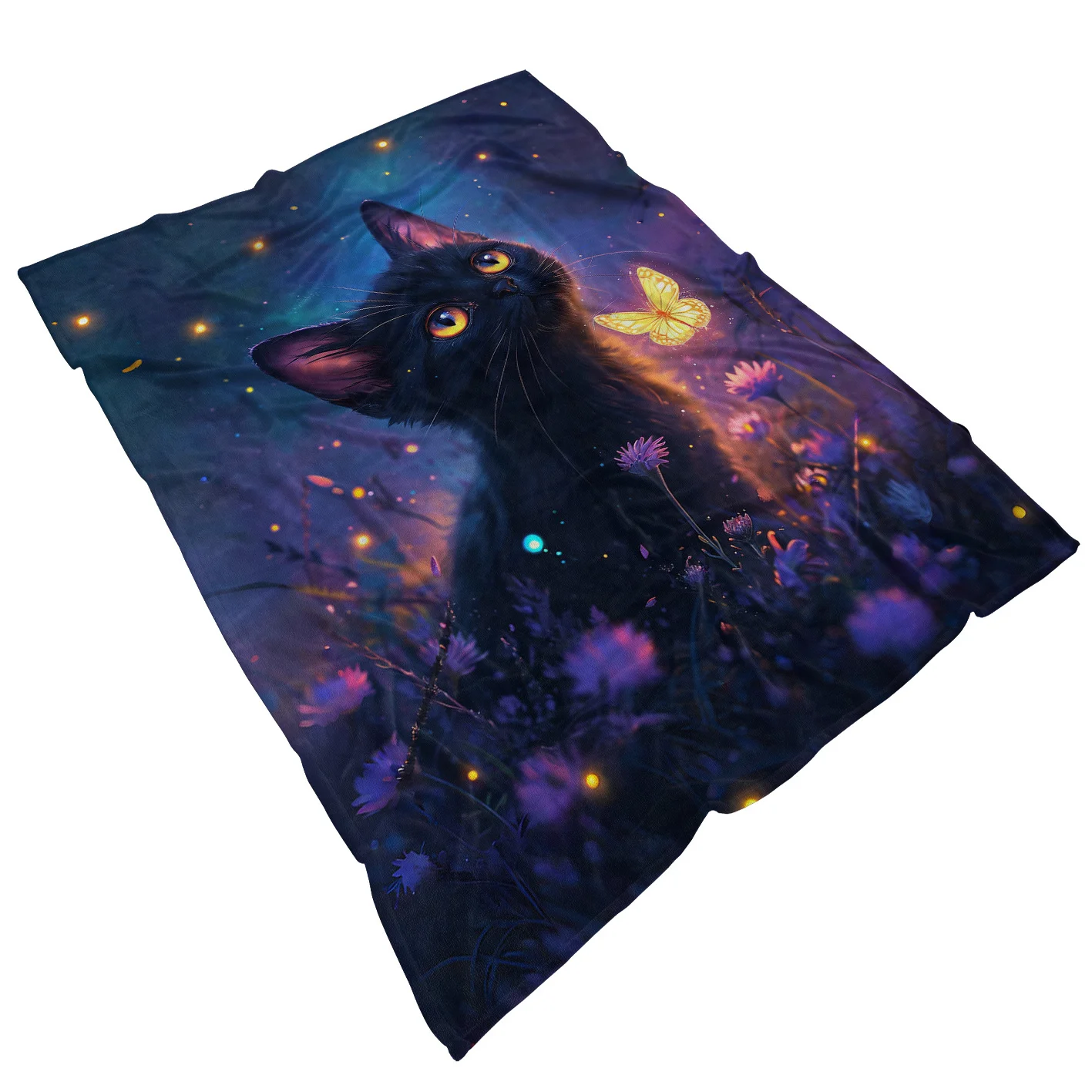 Cozy Black Cat Blue Purple Starlight Print Blanket - Lightweight Flannel Throw For Sofa, Office, Bed, Livingroom,Couch,Travel