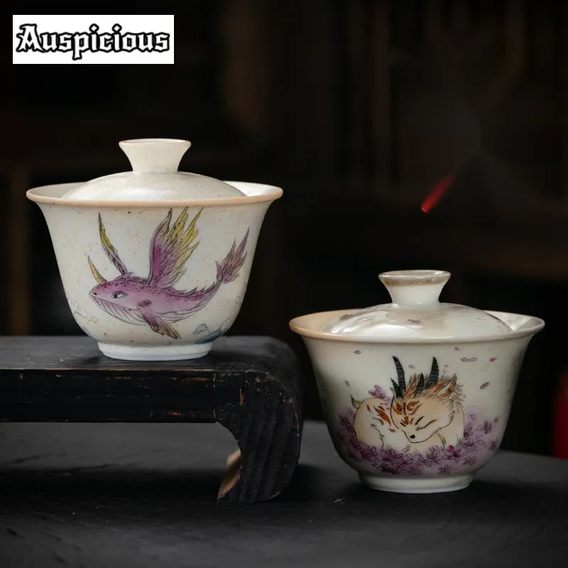 

150ml Japanese Wood-fired Porcelain Gaiwan Soda Glazed Hand-painted Tea Tureen Household Handmade Tea Making Cover Bowl Cha Gift
