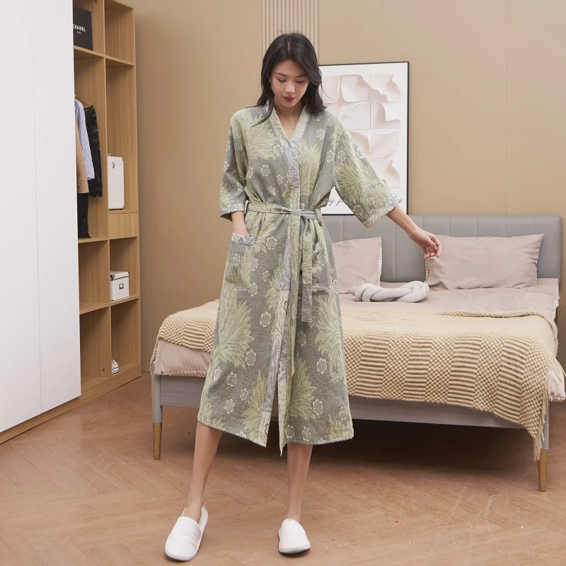 

Pure Cotton Robe Women's Flower Print Kimono Dressing Gown Ladies Water Absorbing Quick Drying Shower Bathrobe Sleepwear