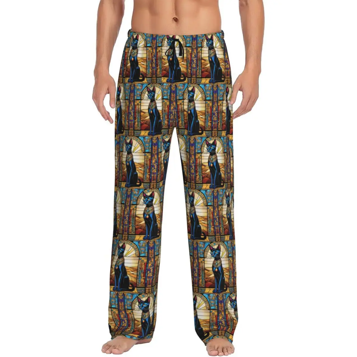 

Custom Egyptian Cat Pajama Pants Men Sleepwear Sleep Lounge Bottoms with Pockets