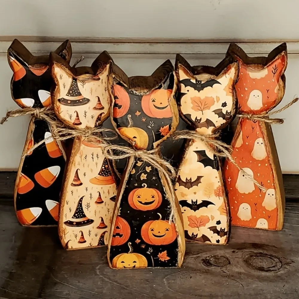 Vintage Wooden Cat Shaped Tray Double Sided Pattern Rustic Style Pumpkin Ghost Bat Ornament Cartoon Cat Statue