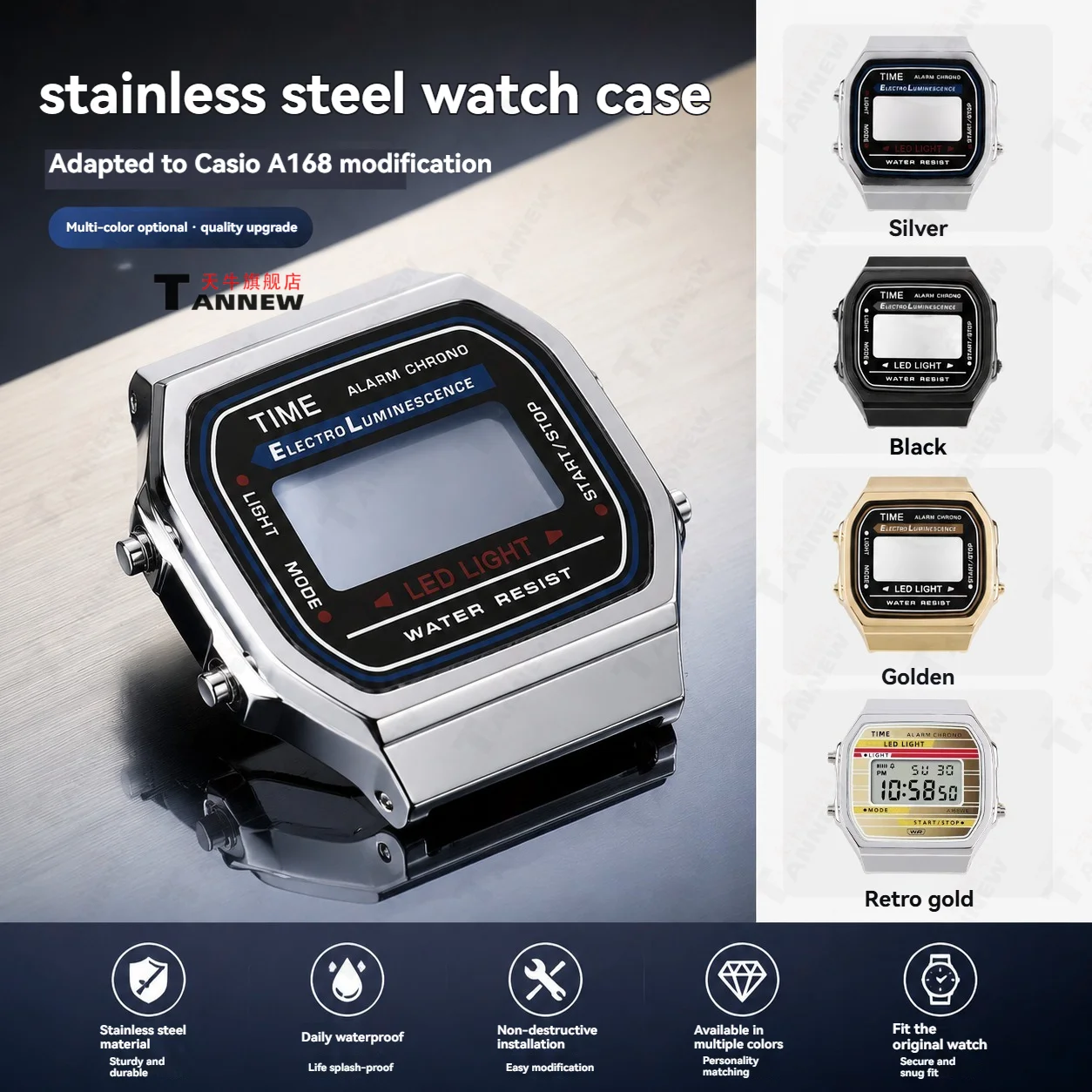 DIY Replacement Stainless Steel Case for Casio Vintage Square A158 A168, Metal Retro Watch Case Mod Kit
