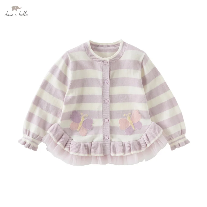 Dave Bella Children's Sweater Cardigan Knitted Pullover 2025  Purple Striped Cute Splicing Mesh Girls Baby Knitwear DB1250849