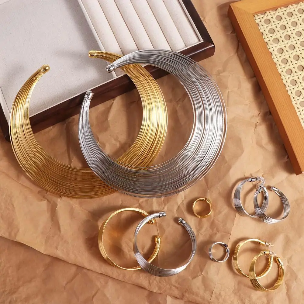 

Retro Earring Multilayer Metal Wire Jewelry Set Finger Ring Korean Style Exaggerated Necklace Alloy Jewelry Accessories Women