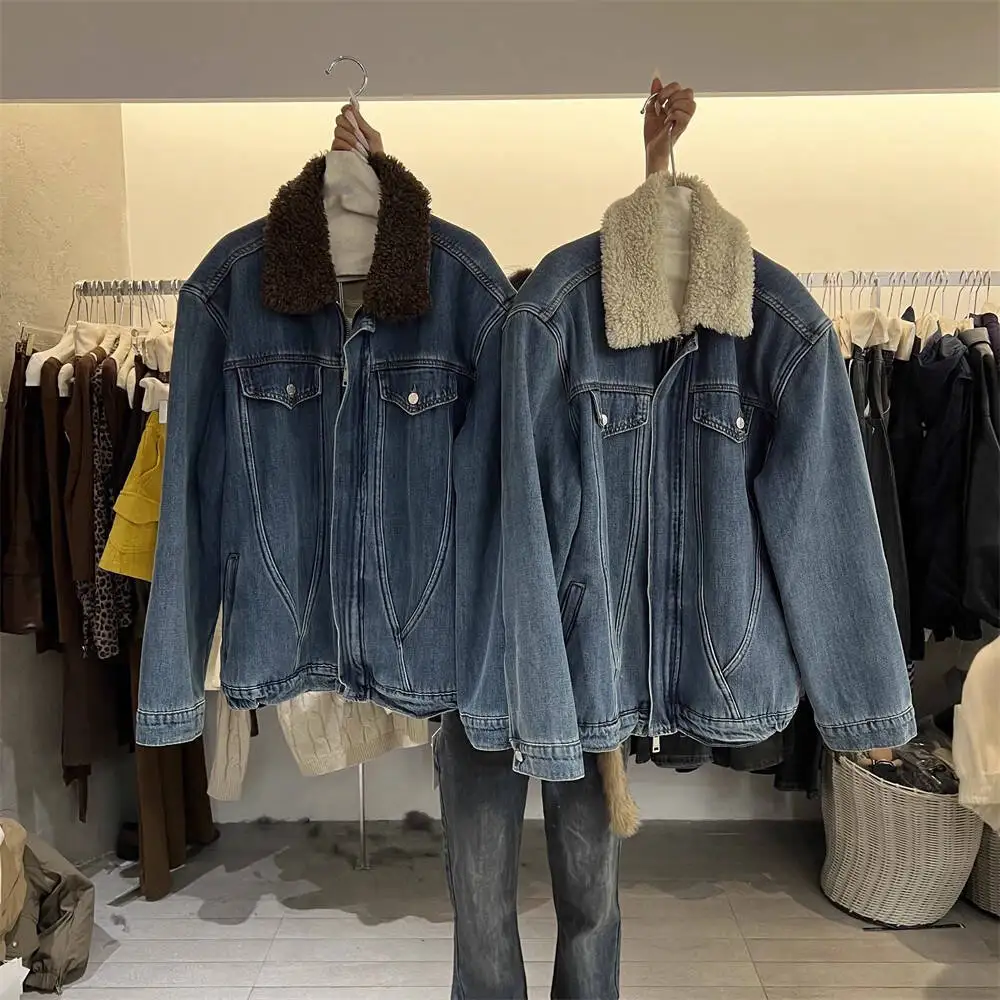 Denim Coats Moto Biker Jeans for Women Jackets Zipper Pocket Turn Down Collar Long Sleeve Thick Loose Casual 2025 Autumn Winter