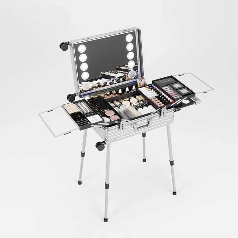 

Cosmetic Case Large Capacity Portable Aluminum Magnesium Alloy Mirror with Light Makeup Case for Makeup Artists