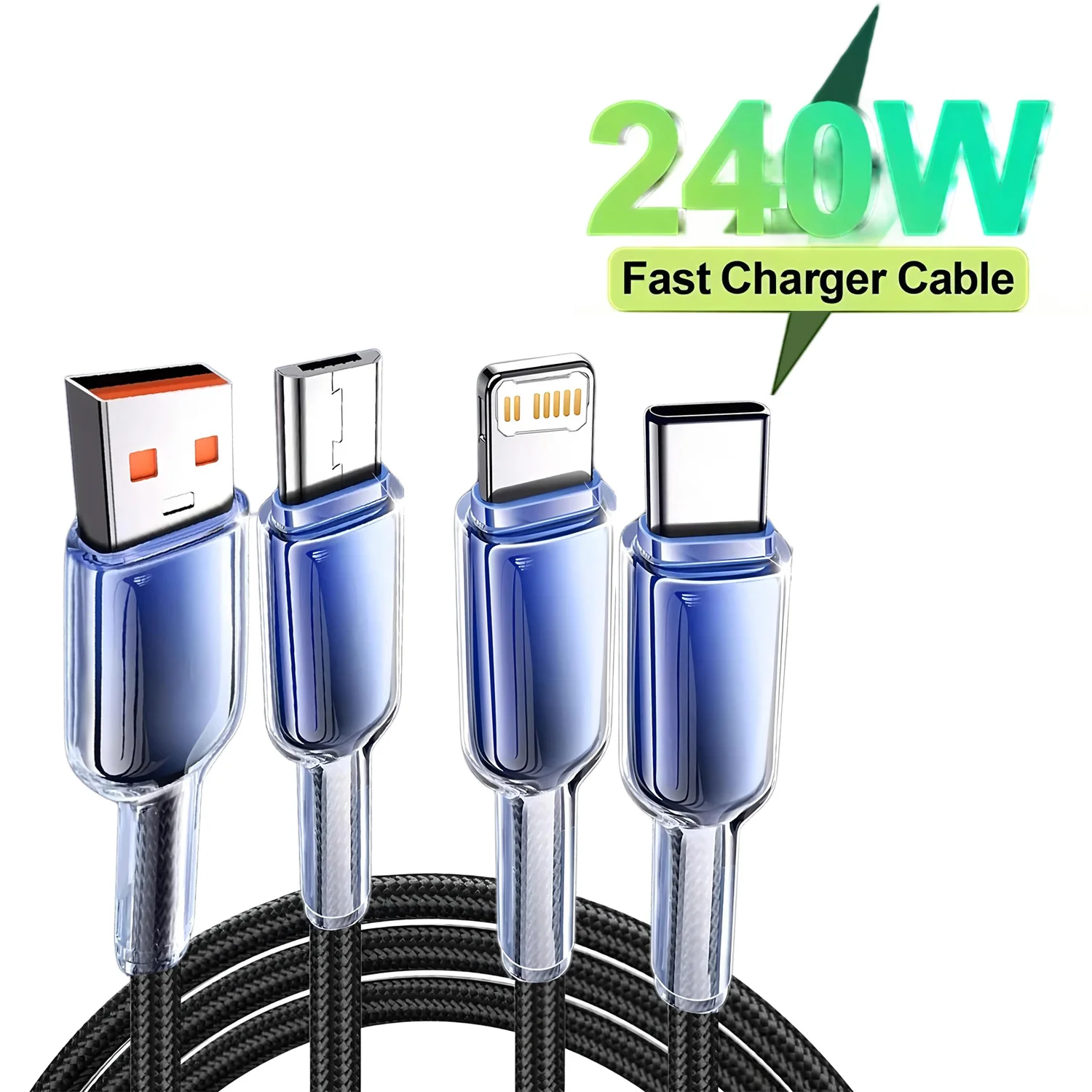 240W Fast Charging Cable Multi Charger Cable Nylon Braided Multiple USB Universal 3 in 1 Charging Cord Adapter with Type-C Micro