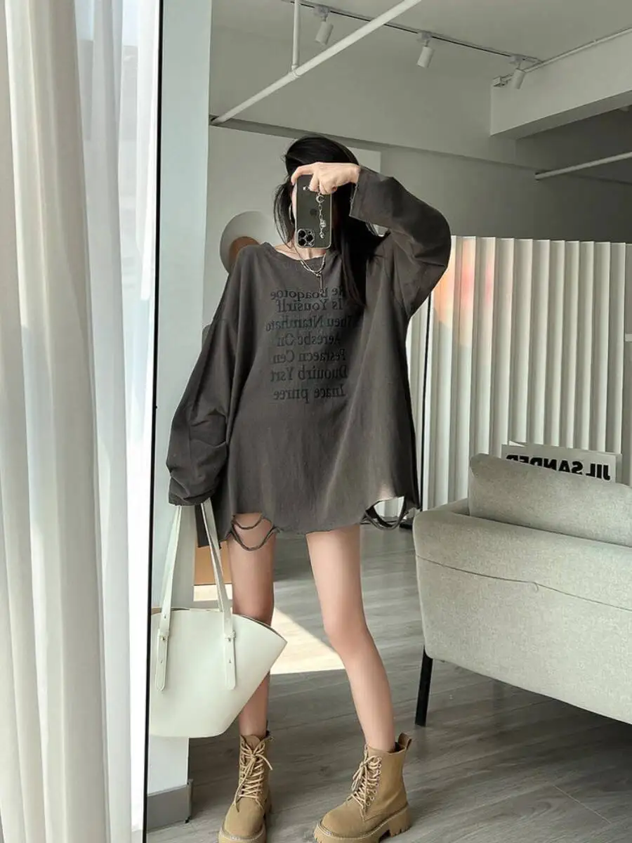 

Plus Size Up To 300LBS Women's Lazy Streetwear Long Sleeve T Shirt Spring Autumn Thin Loose Oversized Missing Bottom Top 20