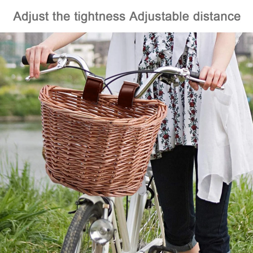 ZK30 Basket Vintage Wicker Basket Portable D Shaped Vegetable Basket for Mountain Bikes Front Basket with Leather Strap