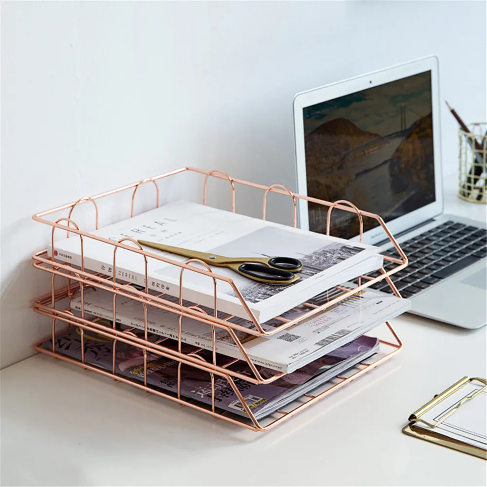 1 Layer File Rack, Office Desktop Storage Basket, Stackable Iron Baskets,Rose Gold Metal Rack for A4 parper, magazine, Book