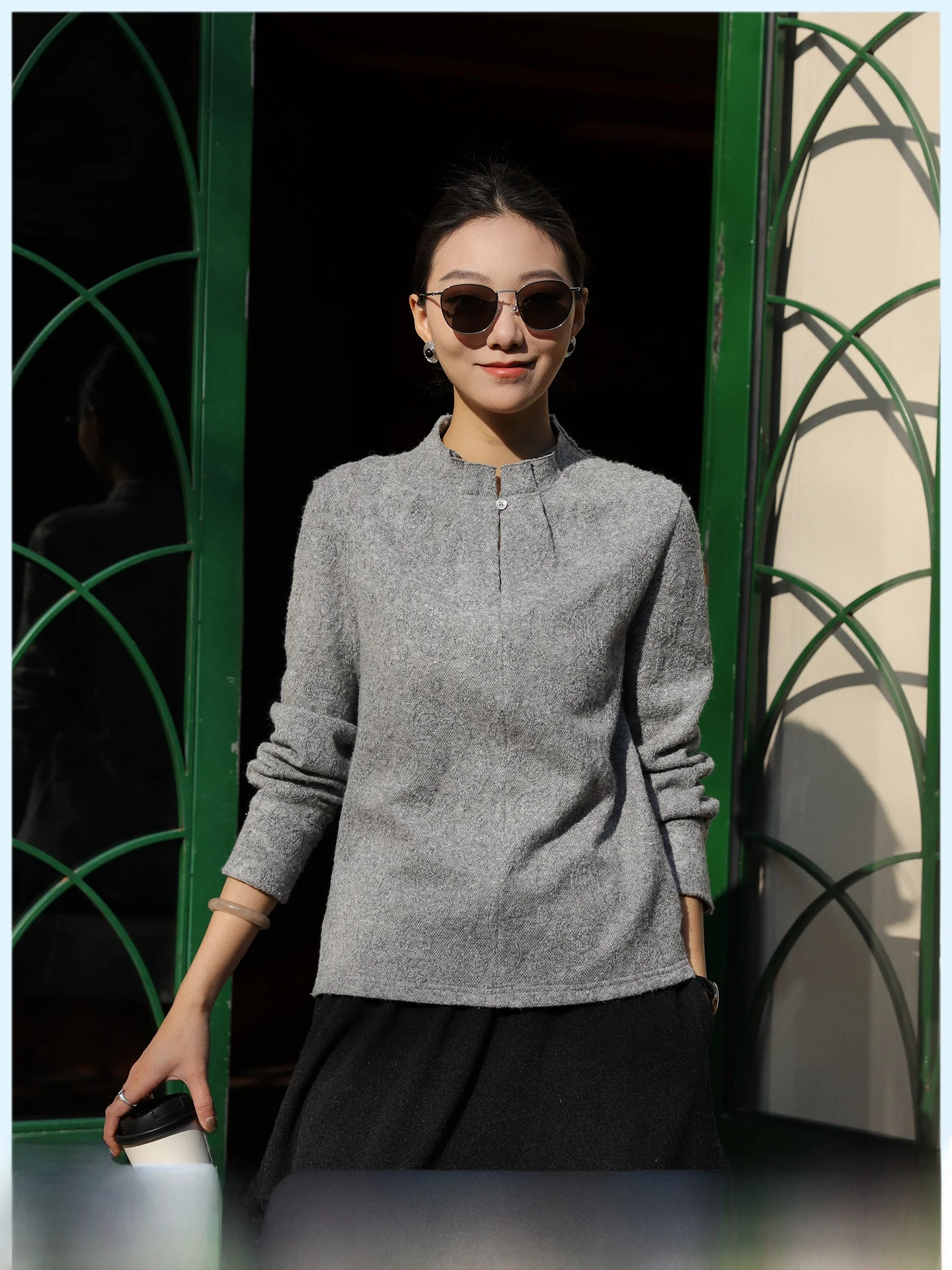 

Gray Knitted Sweater with Floral Collar Vintage Style Women's Inner Shirt Slim Fit Spring New Arrival Top by Zhou Zhou