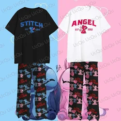 2024 The Lilo & Stitch Stitch&Angel Summer Cotton T-Shirt With Pajama pants Oversized Suit For Adult/Kids Couple's outfit