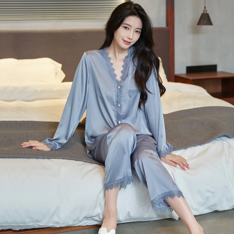 

Spring and summer ice silk pajamas sexy lace long-sleeved cardigan home wear set