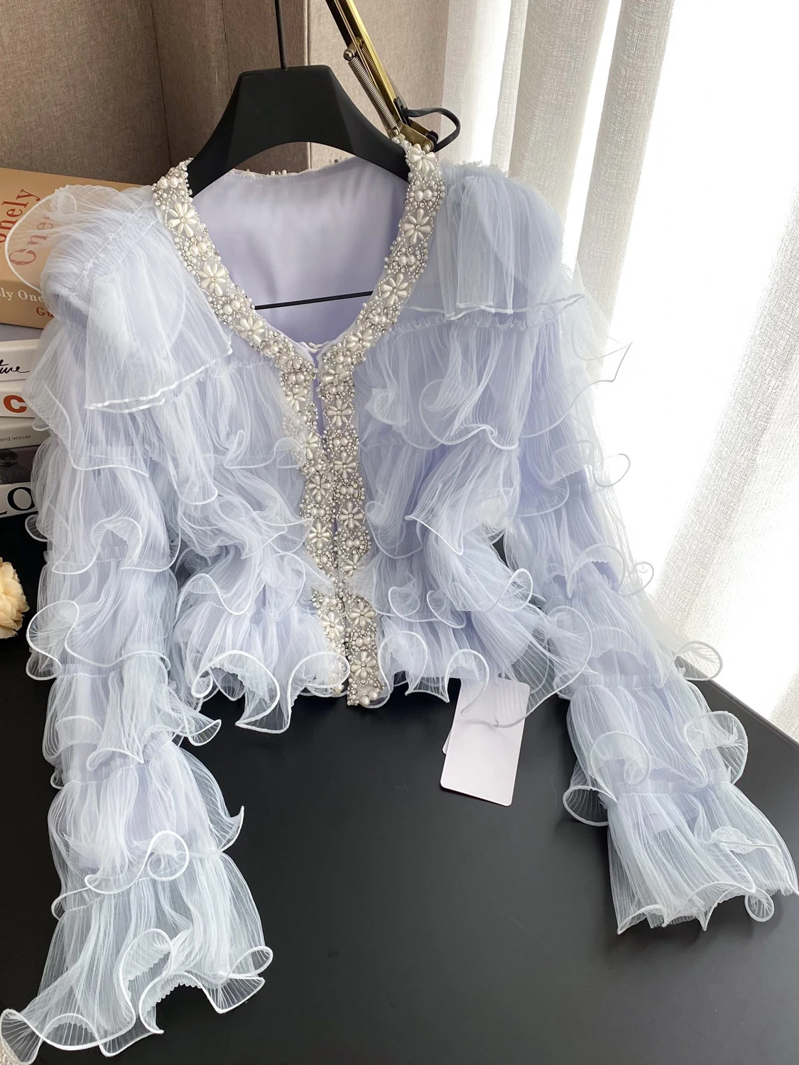 Ele Diamond Embedded V-Ne Open Vest Dames irt Luxe Sensation Parel Kant Stof Koreaanse Sle Loose Fit