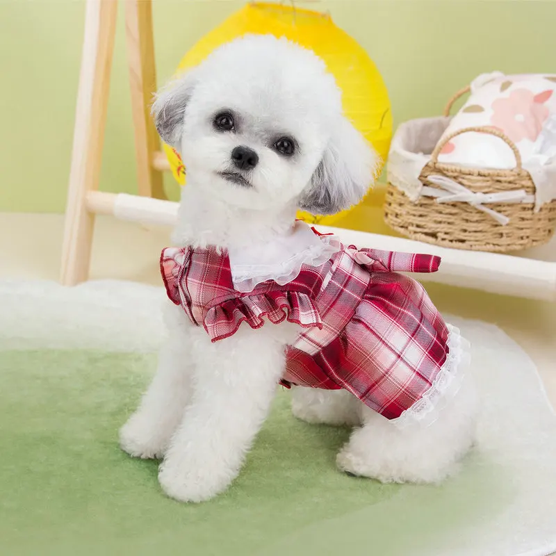 

1PCS Traction College Style Dog Dress Pomeranian Yorkshire Teddy Maltese Summer Cat Cute Skirt Blue Red Thin Cat Clothes