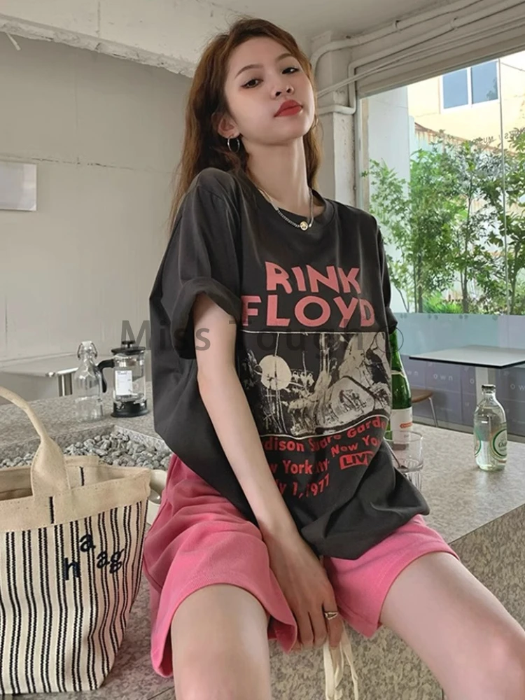 American Short Sleeve Loose Sports Suit Women Vintage Casual Print Round Collar Tops Female Fashion Elastic Waist Pink Shorts