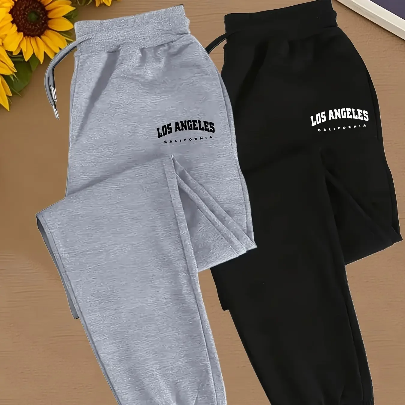 2 pairs of autumn and winter casual sports sweatpants for men and women, LOS ANGELES letter print with pocket drawstring