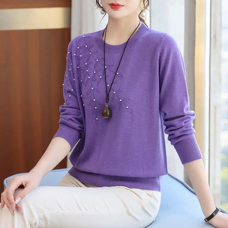 Women Korean Fashion Elegant Chic Beaded Embroidery Knitted Sweater Autumn Female O Neck Long Sleeve Pullover Tops Loose Jumpers