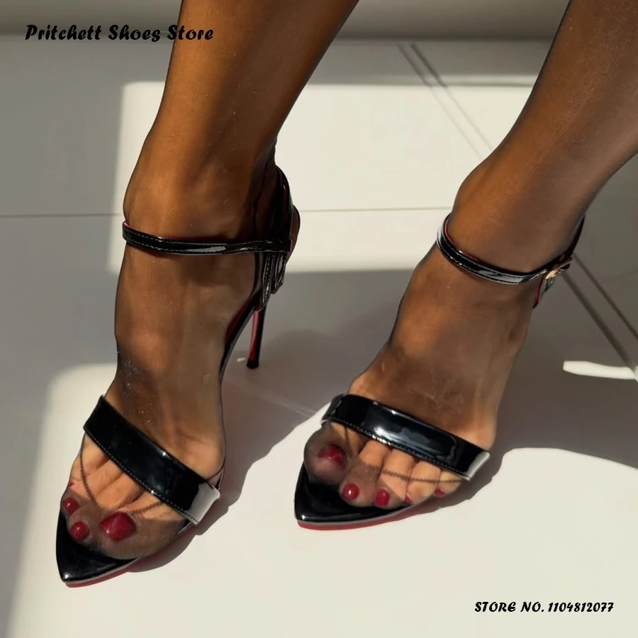 Sexy Women's Patent Leather Sandals Spring Summer Buckle Strap Party Dress Stilettos Pointed Open Toe Thin Heels Plus Size Shoes
