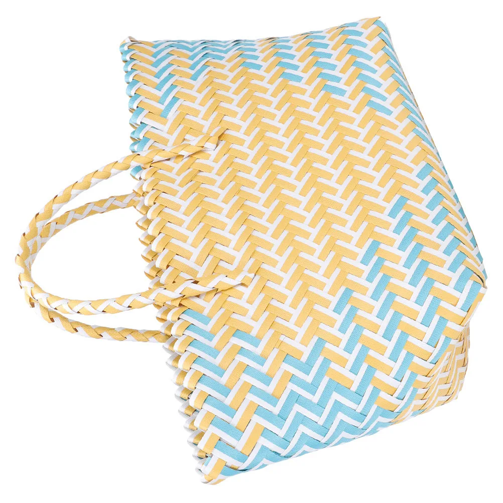 

2Pcs Striped Plastic Storage Basket Portable Handled Woven Container for Fruit Vegetable Sundries Household Desktop Organizer