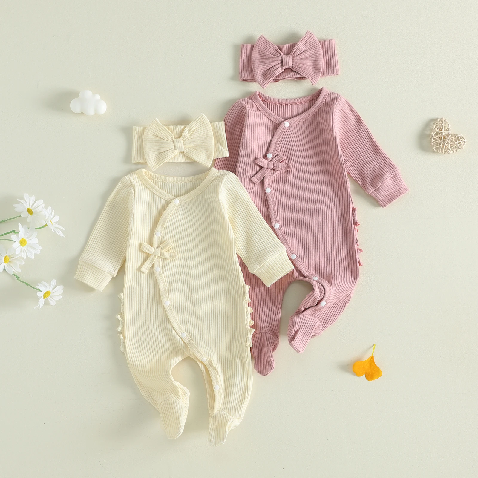 Newborn Baby Girl Fall Jumpsuits Outfit Ribbed Long Sleeve Solid Color Footed Romper Headband Baby Coming Home Clothes