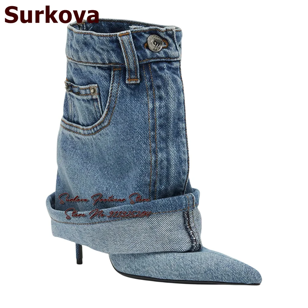 Surkova Blue Jeans Thin High Heel Pointed Toe Ankle Boots Denim Pockets Decoated Turn-Over Short Bootis Sewed Designer Shoes