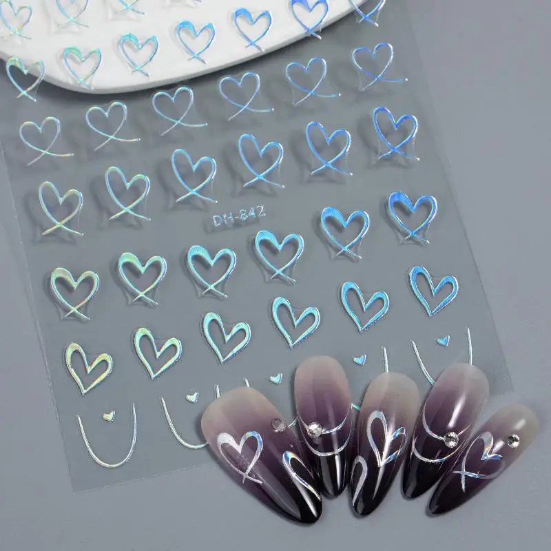 1 Sheet Nail Art Stickers 3D Cute Heart White Gold Silver Lines Love Heart Nail Decals DIY Adhesive Slider Manicure Decorations
