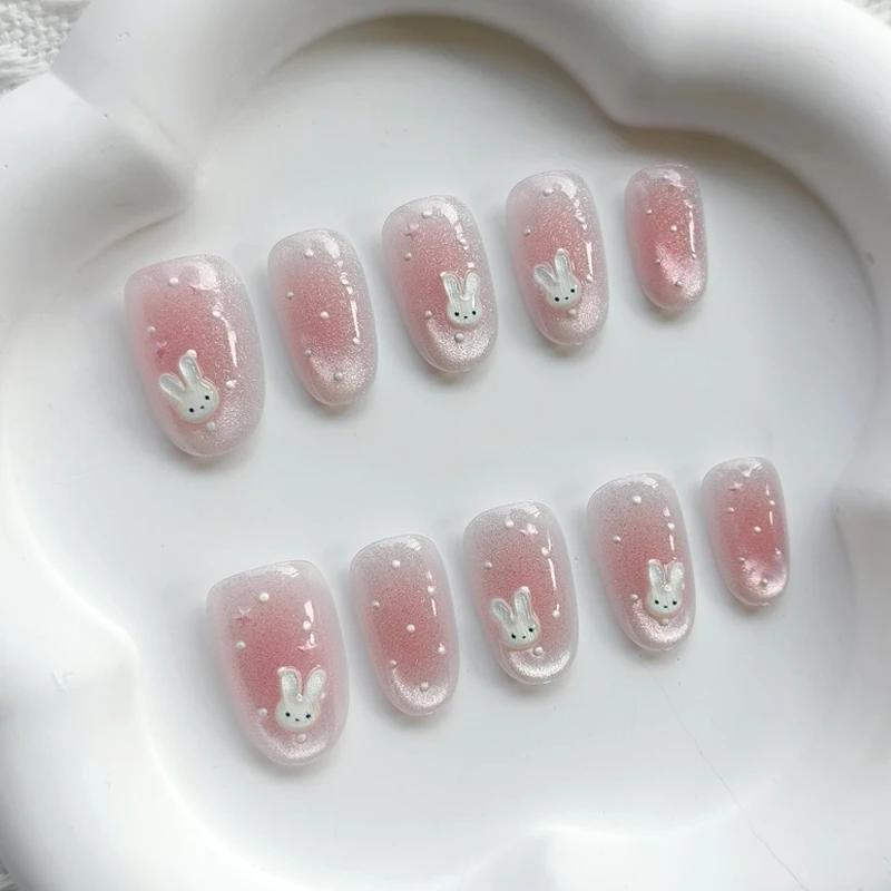 10 Stück Niedliche 3D Polka Dot Hasen Neue Katzenaugen Nagelkunst Kurze Mandel-Form Liebliche Erdbeer-Kaninchen Wiederverwendbare Nagelaufkleber Aufklebbare Nägel – Detail 7