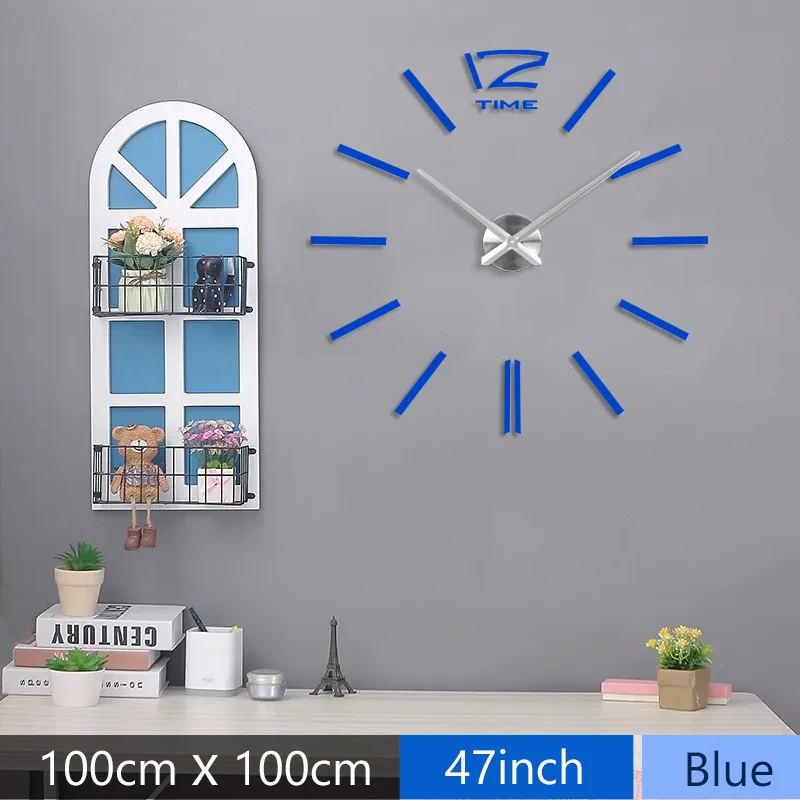 Fashion 3D Mediterranean style big size blue wall clock mirror sticker DIY brief living room decor meetting room wall clock