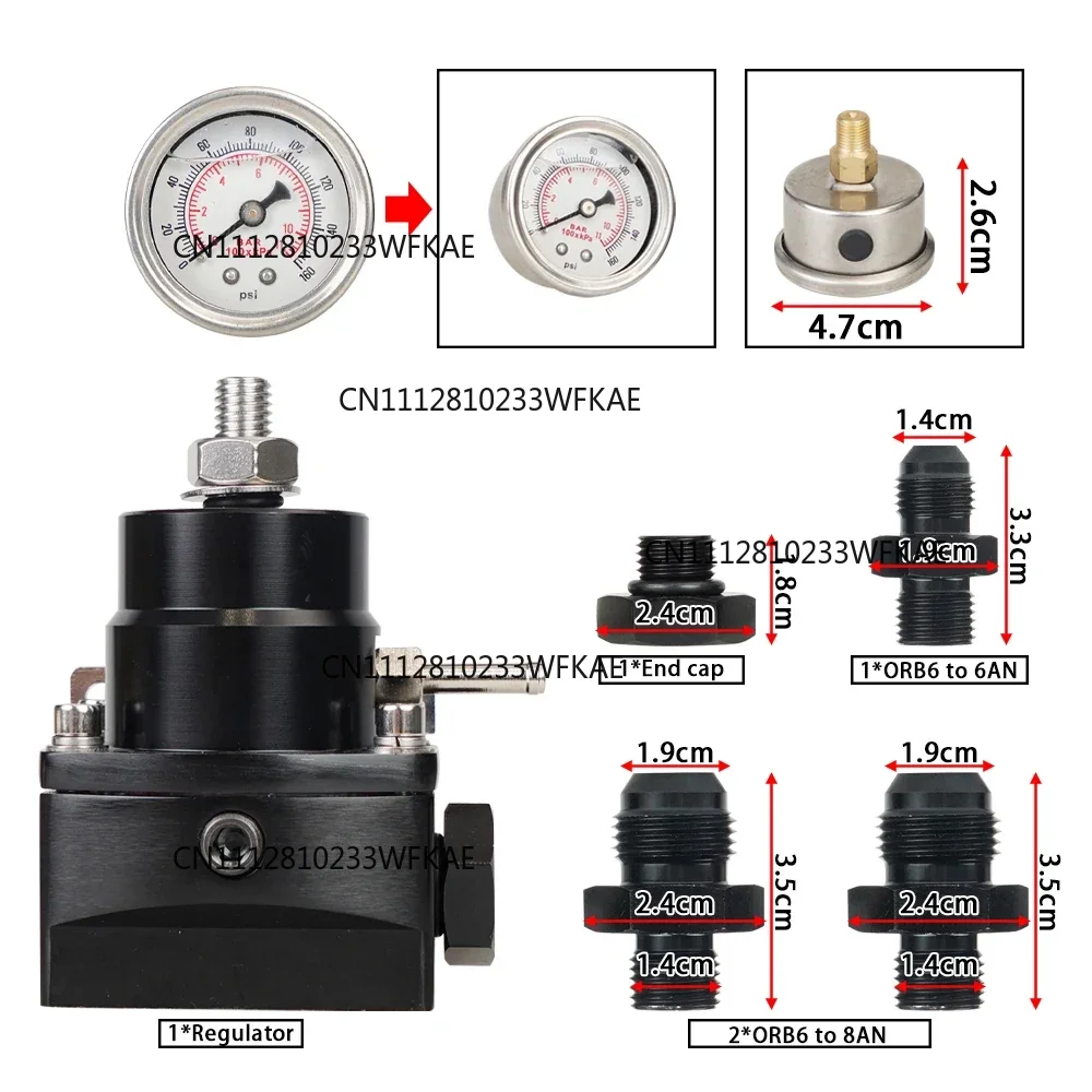 Adjustable Fuel Pressure Regulator with White Oil Gauge With AN8/10 Feed Fitting & AN6 Return Line Fitting & AN8/10 End Cap