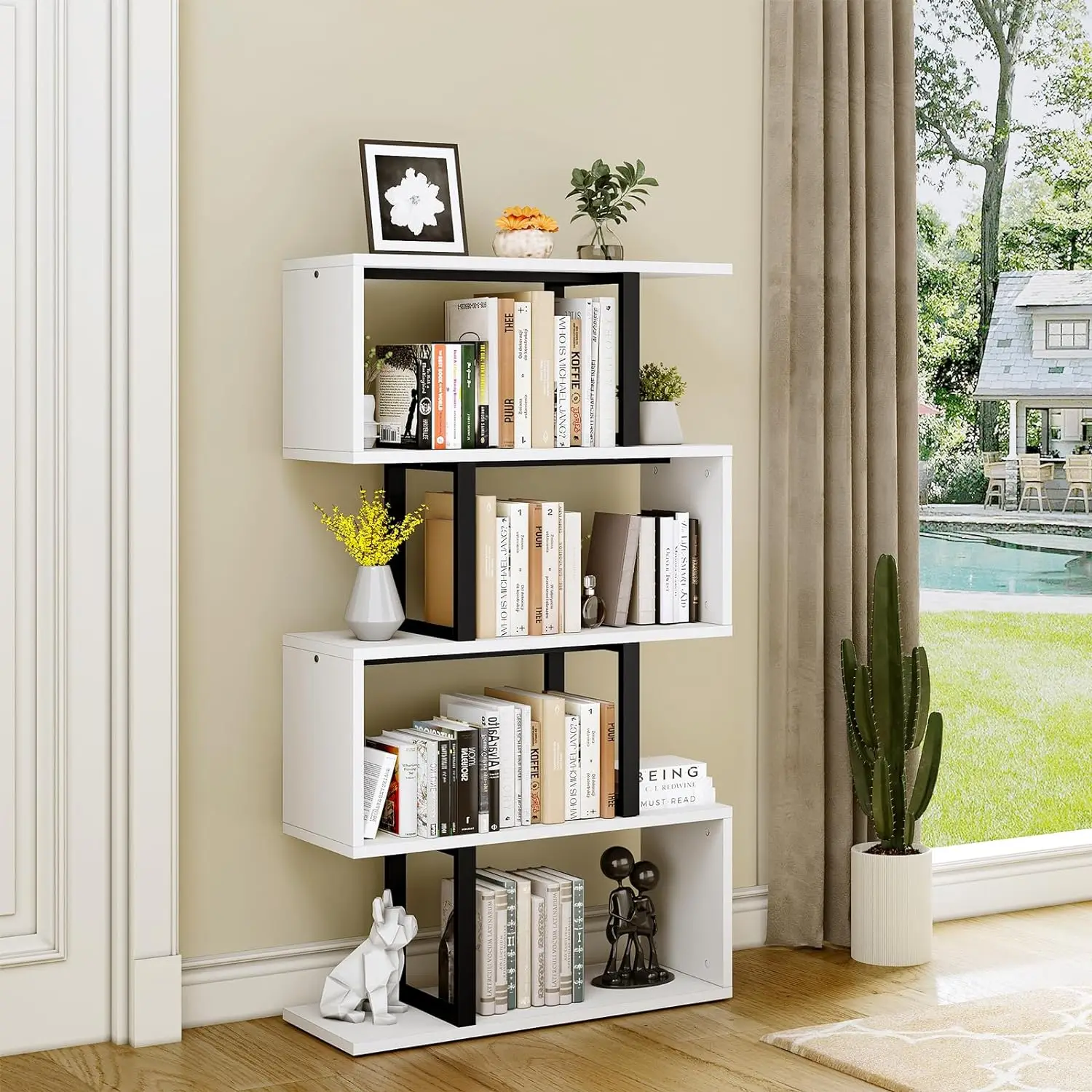 5-Tier Bookshelf, S-Shaped Z-Shelf Bookshelves and Bookcase, Modern Freestanding Multifunctional Decorative Storage She