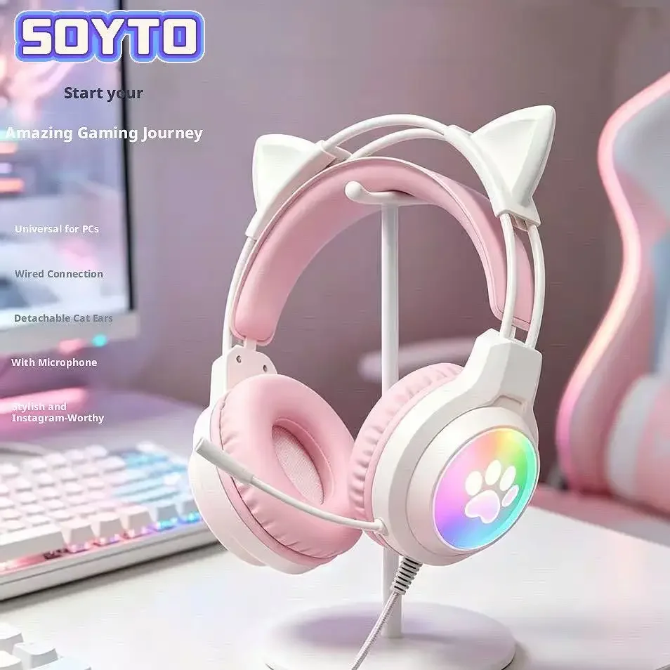 SOYTO Over Ear Wired Gaming Headset with Glowing Light Soft Skin-Friendly Earmuff Lightweight Comfort for Desktop Laptop Gaming