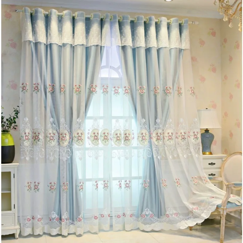 European pastoral embroidery double-layer curtains for living room and bedroom blackout curtains
