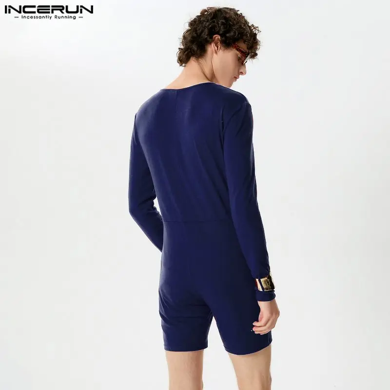 INCERUN 2024 Men Rompers Solid Color Skinny O-neck Long Sleeve Bodysuits Homewear Button Casual Leisure Male Playsuits Pajamas