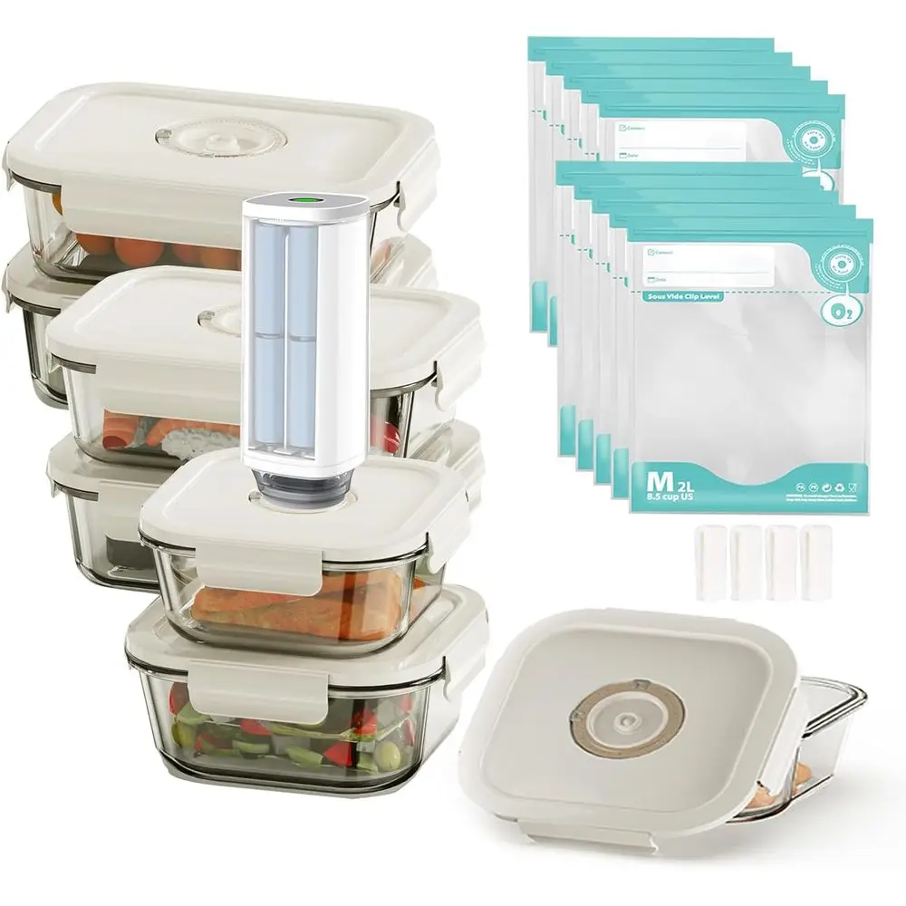 

Миниатюрный ручной вакуумный упаковщик с 6 стеклянными контейнерами и 10 вакуумными пакетами | Увеличивает срок свежести продуктов, идеально подходит для приготовления и хранения блюд.