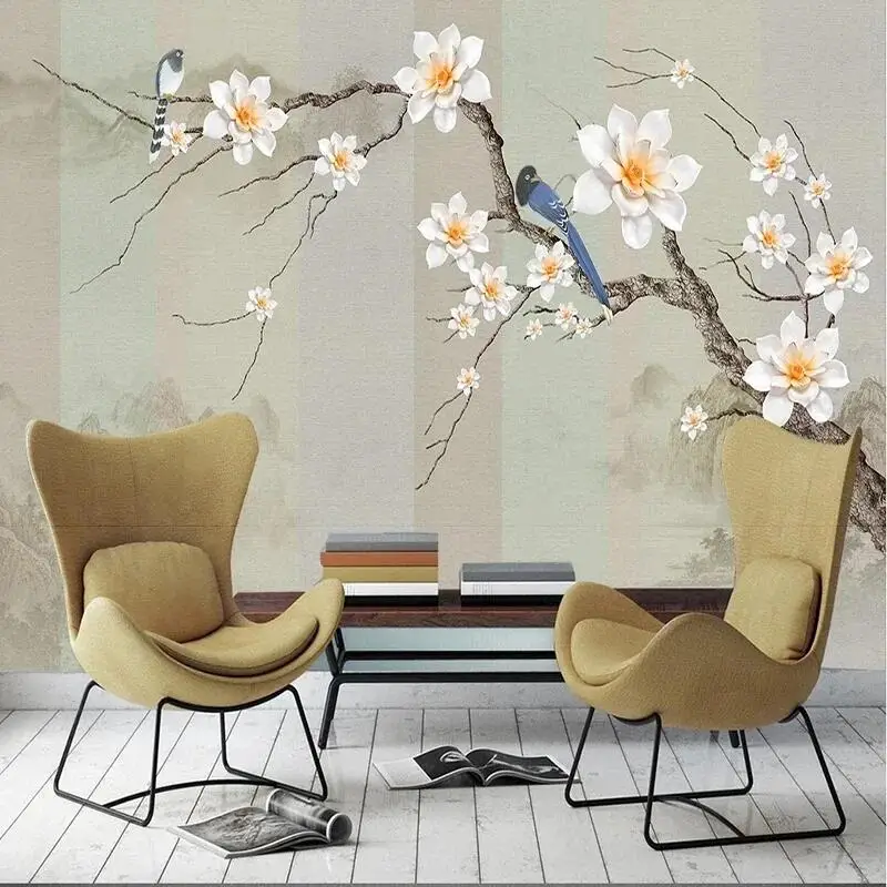 Papel tapiz de estilo chino 3D personalizado, Simple, paisaje, flores, pájaros, luz de fondo de lujo, murales de pared, arte de papel de pared para sala de estar