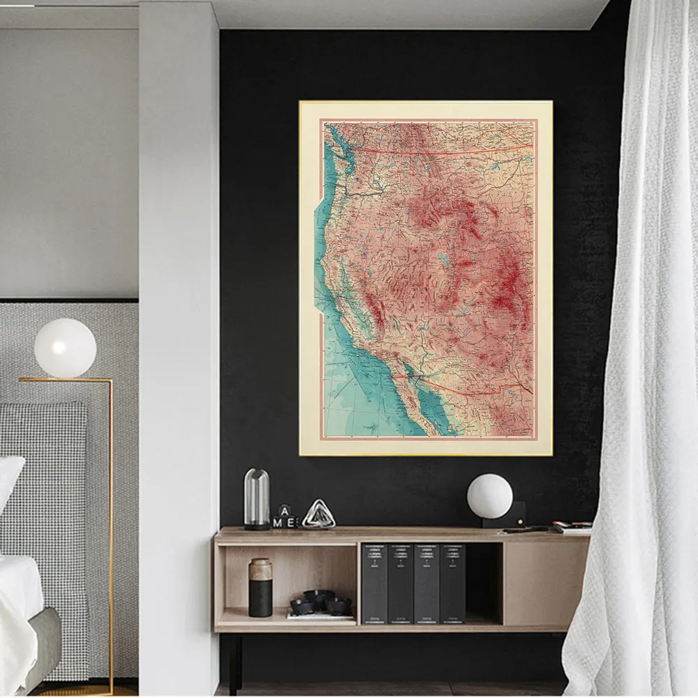 Geography Map of West Coast of United States Painting Canvas Print, Living Background Wall Decorations, Home Decor Souvenir