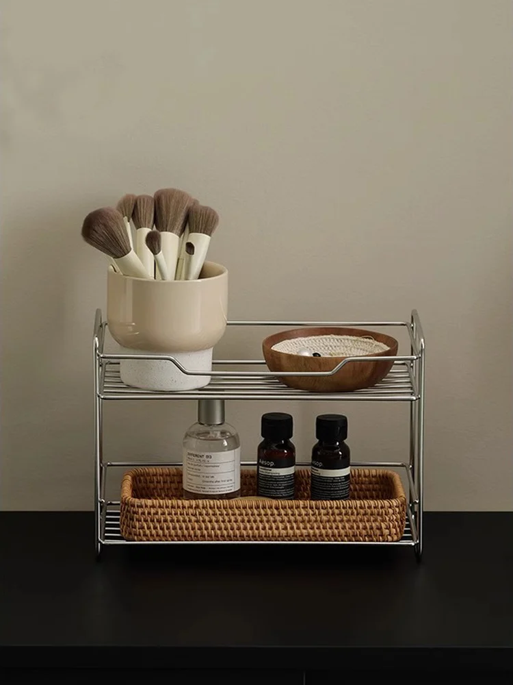 

Bathroom Multi-functional Double-layer Stainless Steel Organizer Shelf Cosmetic Perfume Storage Rack Desktop Small Size