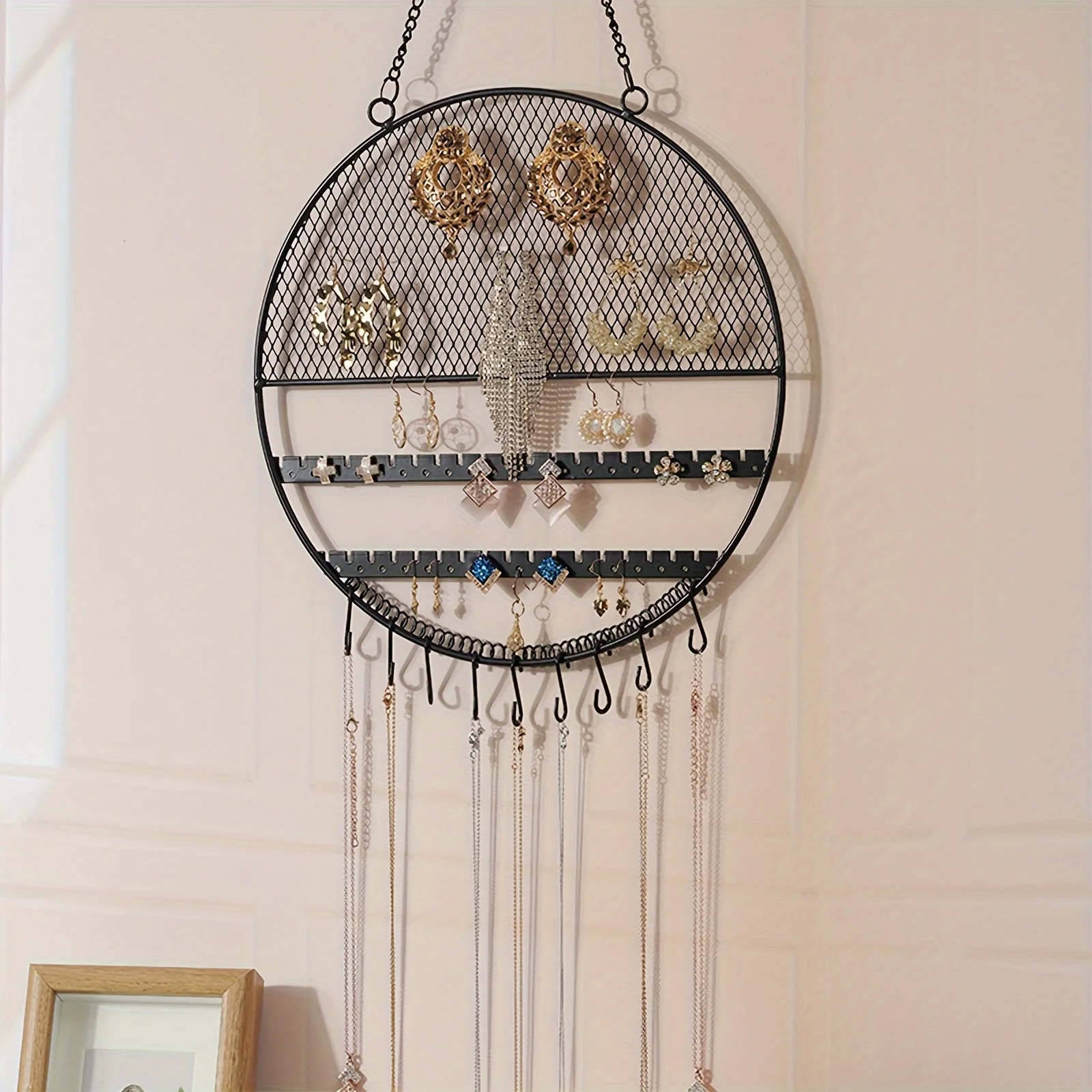 Black Round Jewelry Organizer - Wall-Mounted Earring Holder with Adjustable  for Dangle & Studs, Perfect for  Decor