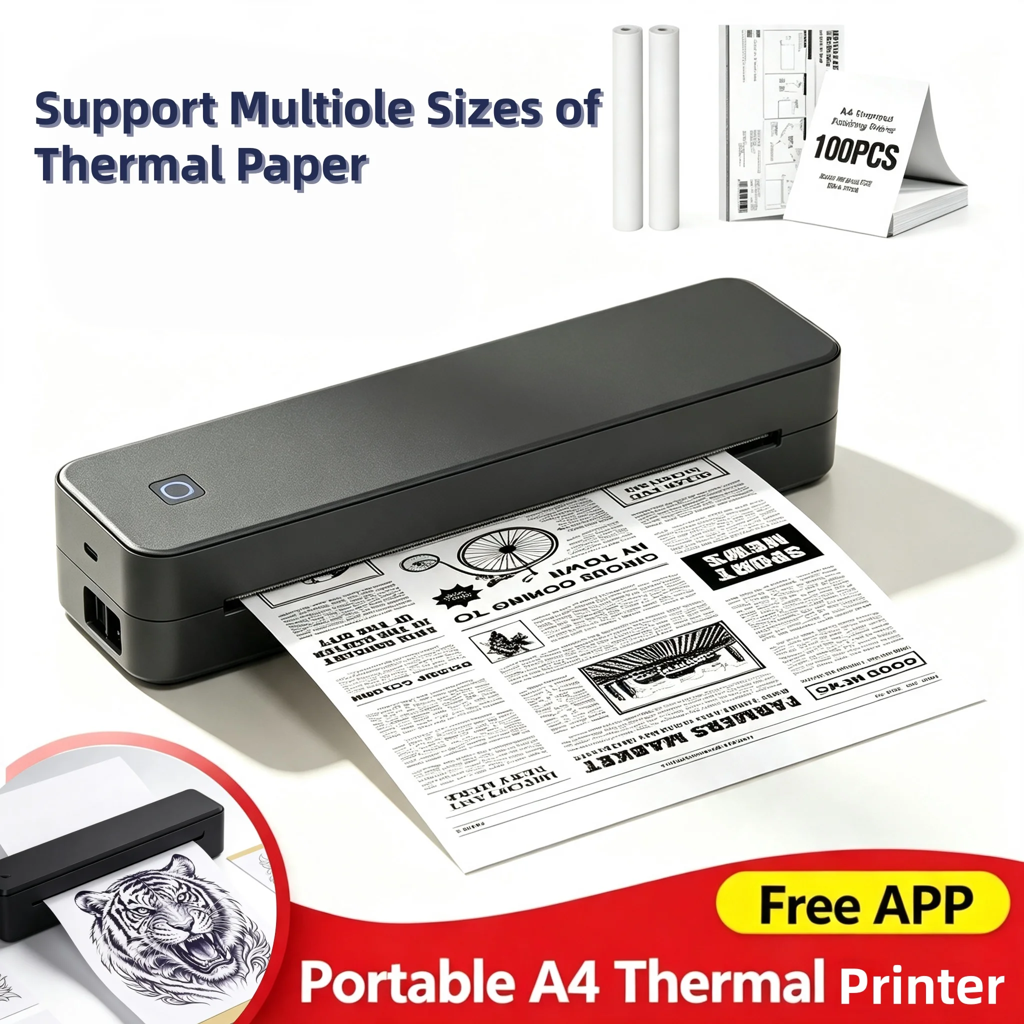 Portable A4 Thermal Printer Bluetooth Photos PDF Document Printing Machine Folded Rolls Paper For Office Work Home School Travel