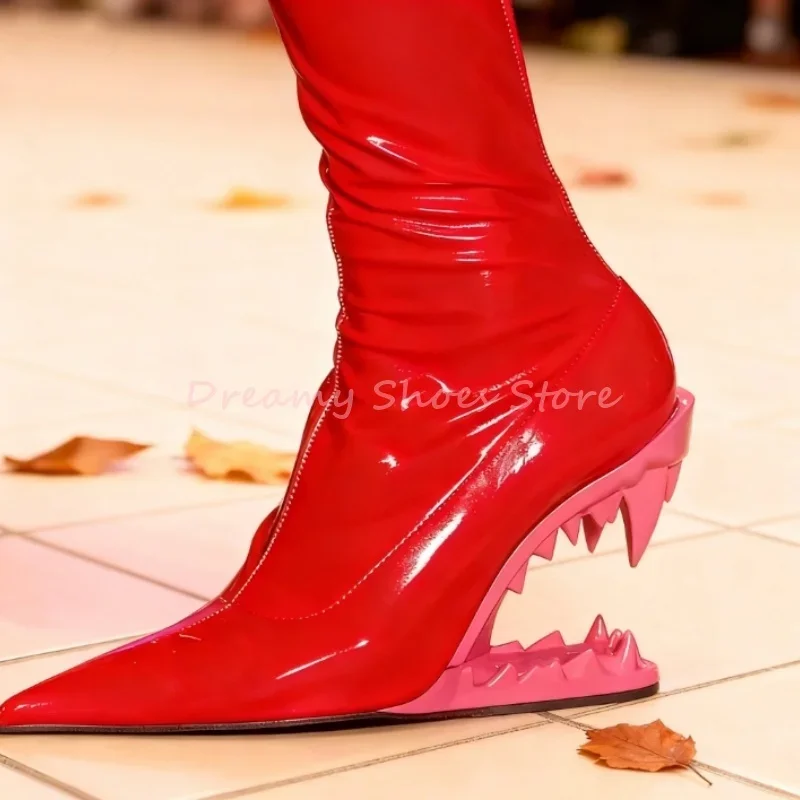 

Red Knitted Patent Leather Tiger Teeth Short Boots Women Pointed Slip-On Gold Heel Ankle Boots Fashion Trendy Party Catwalk Shoe