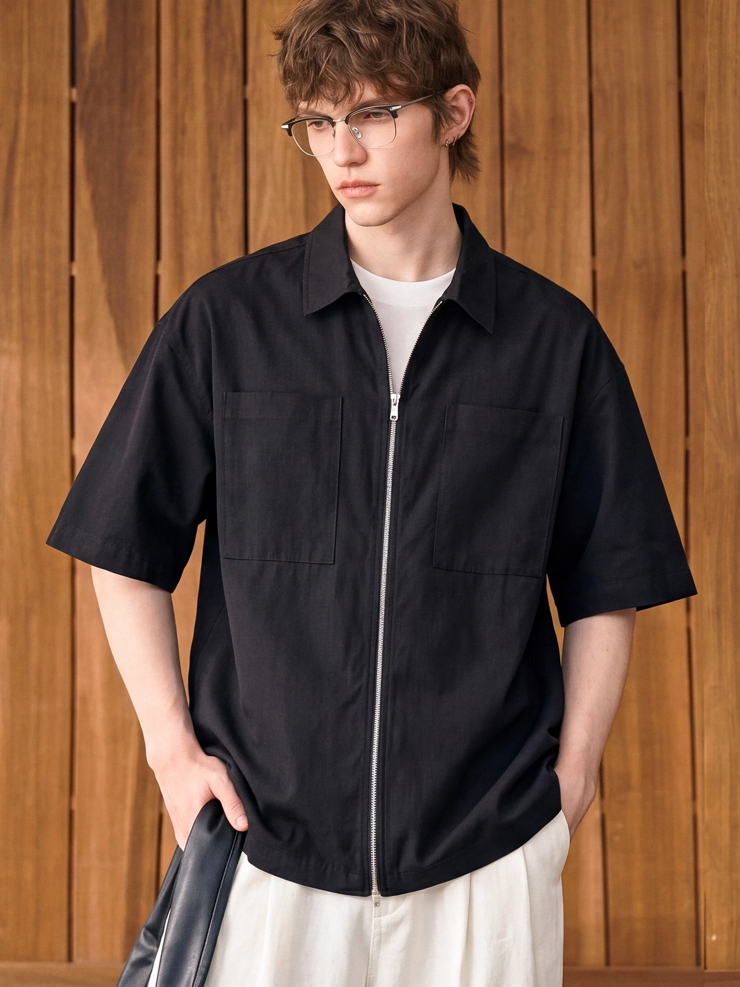 Mr. Twenty-eight Summer Loose Breathable Thin Short Sleeve Zipper Shirt Men Casual Collar Texture Men's Zipper Shirt Jacket