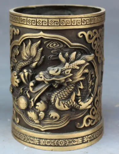 China Bronze FengShui Fly Dragon Brush Pot Barrel Pen container Pencil Vase