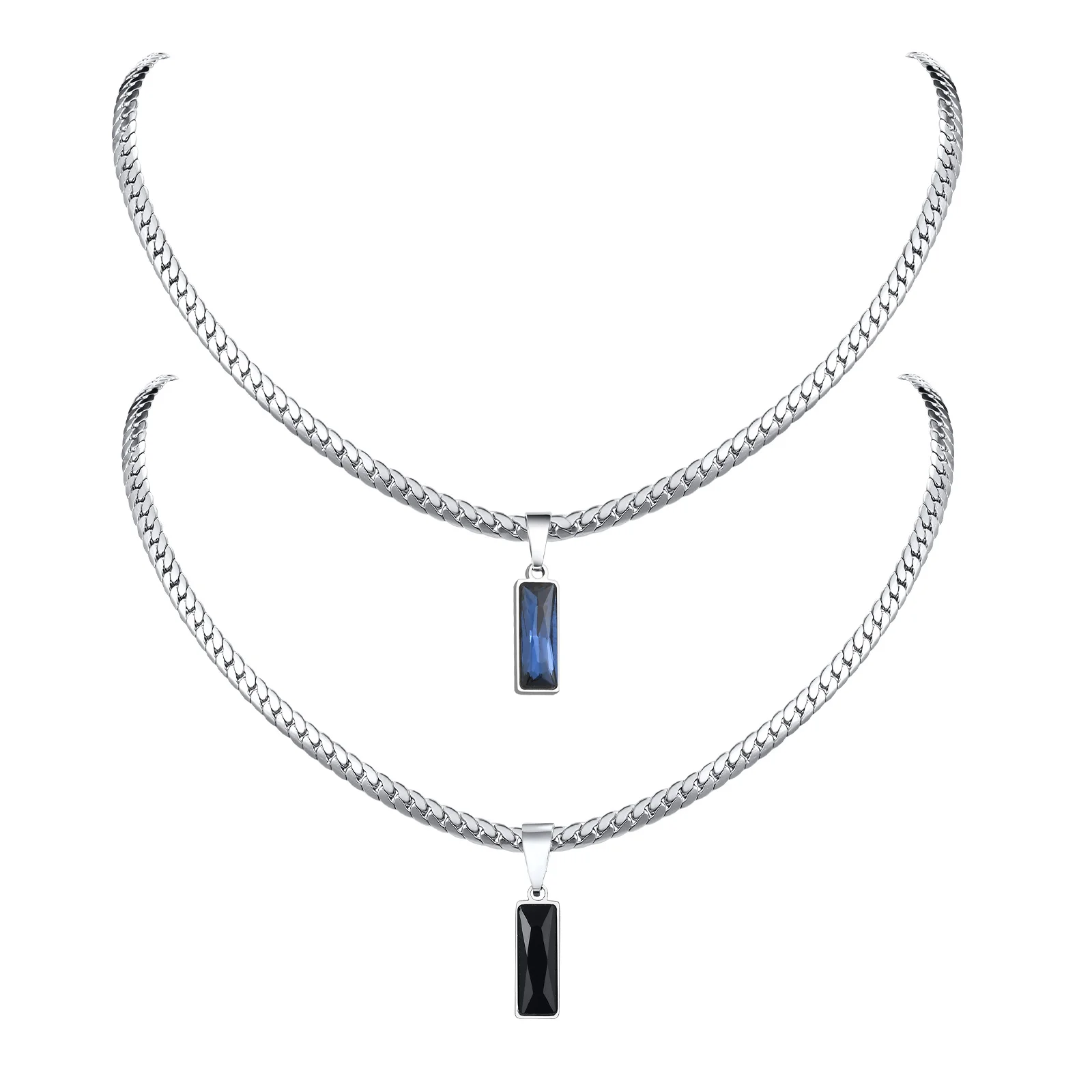 Geometrische quadratische schwarz-blaue Anhänger-Halskette aus Edelstahl, einfache flache kubanische Kette, trendiger Hip-Hop-Schmuck, Geschenk für Männer – Detail 12