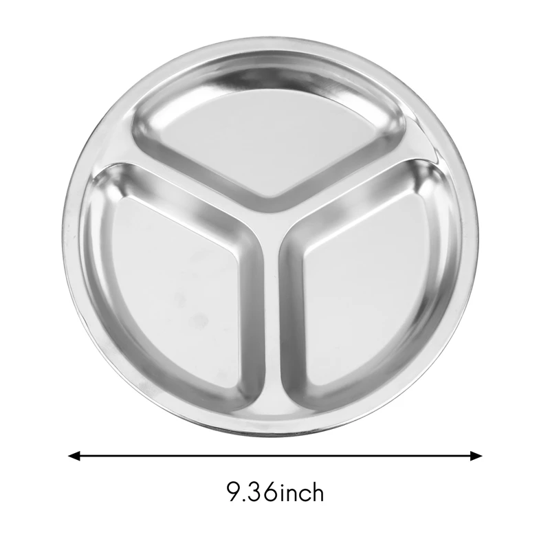 4X Stainless Steel 3 Sections Round Divided Dish Snack Dinner Plate Diameter 24Cm