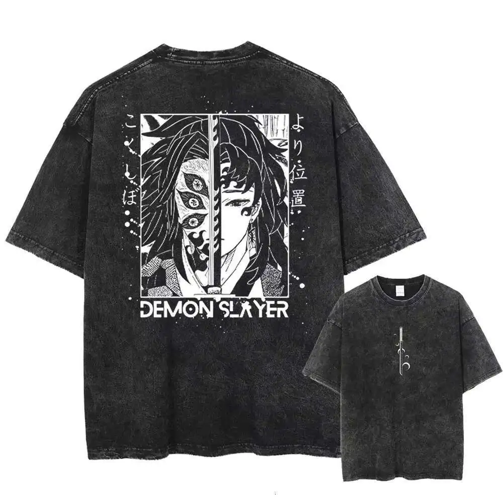 Retro Washed T-shirt Anime Demon Slayer Blade T-shirt Men's T-shirt Summer New Style Unisex Casual T-shirt
