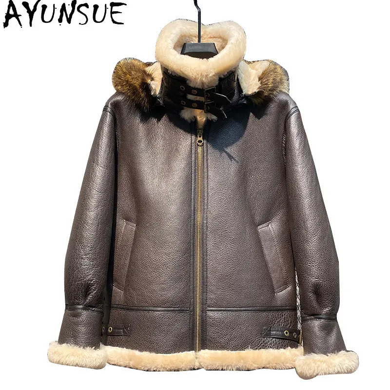 

AYUNSUE 100% Genuine Sheepskin Leather Jacket Men Winter Warm Hooded Natural Fur Coat Man Dark Brown Real Fur Coats Chaquetas
