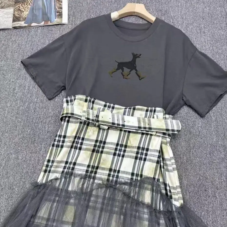 シックなガーゼシャーリングロータスパッチワークチェック柄 Tシャツドレス夏市松メッシュスプライシングフリルロング Tシャツドレス半袖トップス